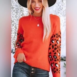 XS THML Leopard Sleeve Orange Sweater
